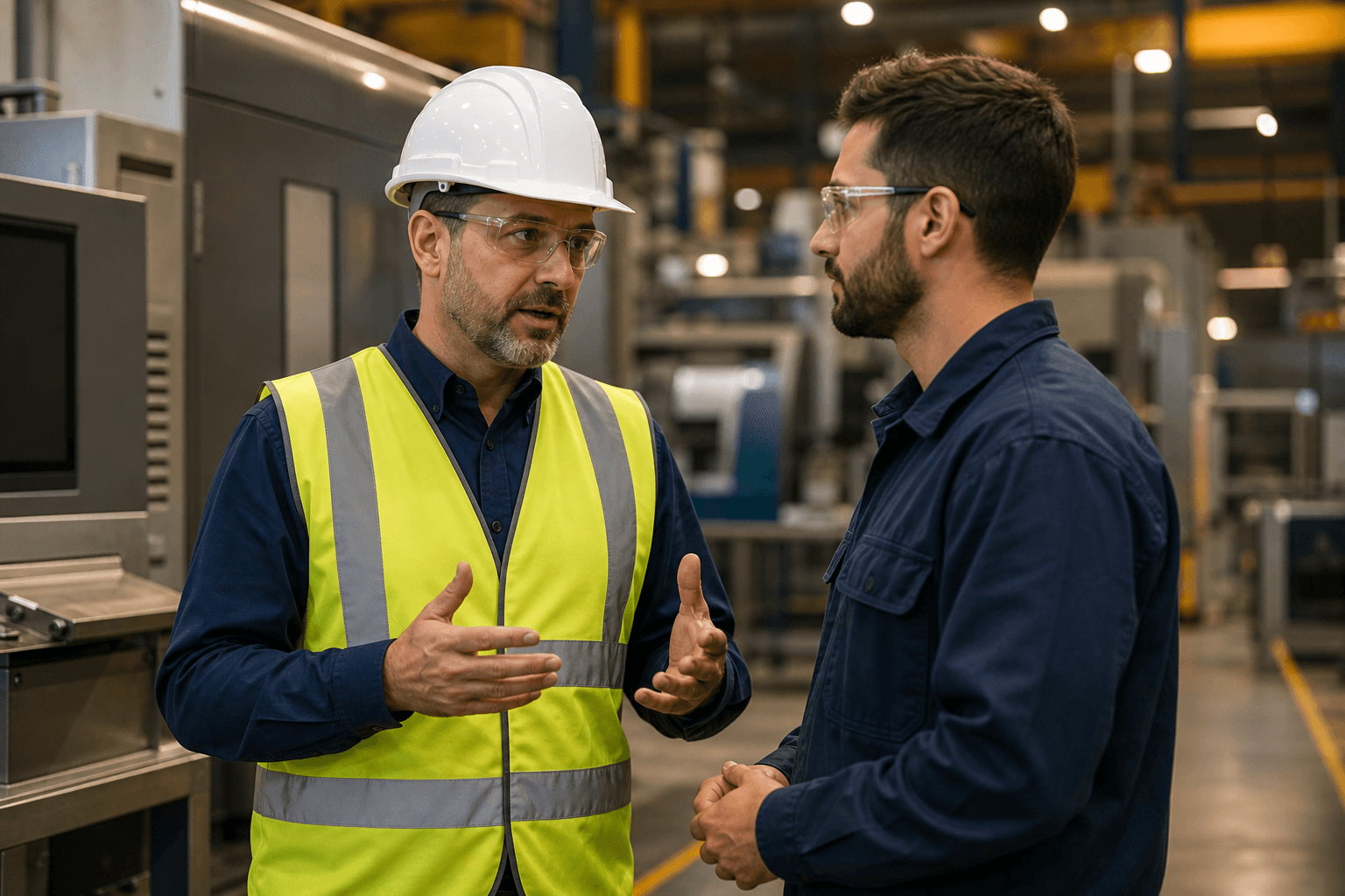 Supervisor having a one-on-one conversation with an employee on the production floor