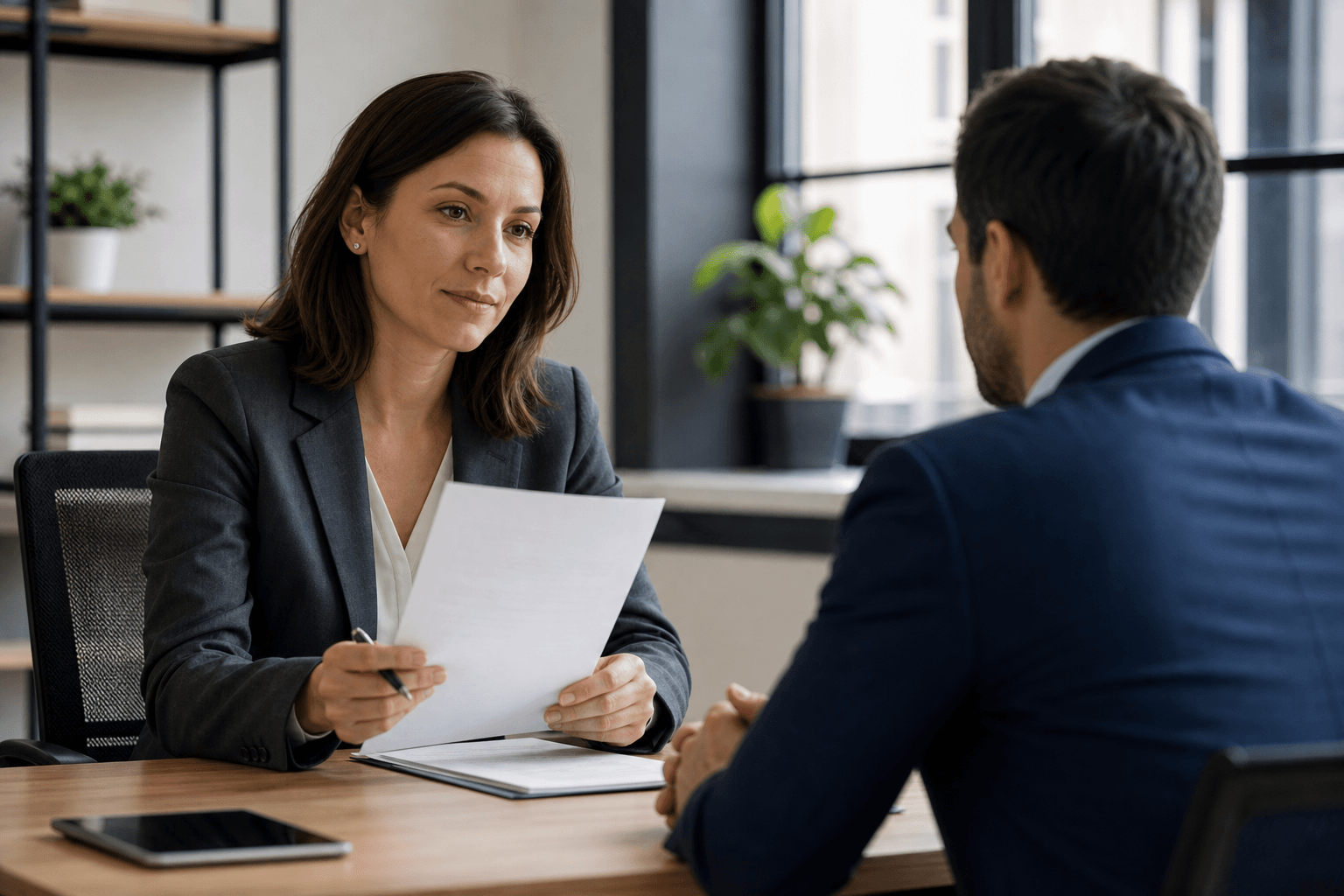 Hiring manager interviewing a candidate across a table reviewing a resume